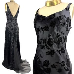 90's Morticia Addams black velvet rose deep v-back gown with train by NIKI LIVAS